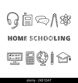 Poster mit Schriftzügen und Doodle-Outline-Bildung, E-Learning-Symbole einschließlich Computer, Globus, Trennwand, Kopfhörer, Rechner, Buch, Bleistift, Chat BU Stock Vektor