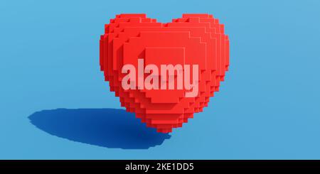 Voxel Art, isometrische Leidenschaft rote Farbe Herzform mit Schatten auf blauem Hintergrund. Pixel-Style, digitale Liebe zum Valentinstag. 3D Rendern Stockfoto