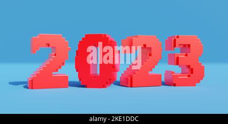 2023 Frohes Neues Jahr, Voxel Art, isometrische rote Farbe 2023 Zahl mit Schatten auf blauem Hintergrund. Digitale Grußkarte im Pixelformat. 3D Rendern Stockfoto