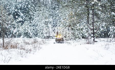 Der Mensch fährt Schneemobil in den Bergen. Pilot auf einem Sportschneemobil in einem Bergwald. Sportler fährt ein Schneemobil in den Bergen. Schneemobil in Stockfoto