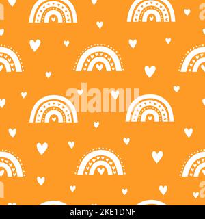 Niedliches nahtloses Muster mit skandinavischen Regenbögen und Herzen für Kinderkleidung, Babydusche, Valentinstag, Scrapbooking. Stock Vektor