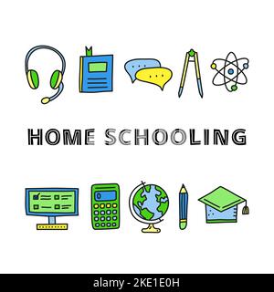 Poster mit Schriftzügen und kritzelfarbenen Bildungssymbolen, E-Learning-Icons inklusive Computer, Globus, Trennwand, Kopfhörer, Rechner, Buch, Bleistift, Chat BU Stock Vektor