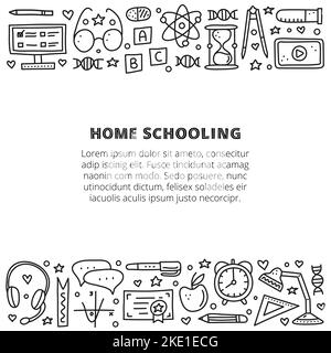 Poster mit Schriftzügen und Doodle-Outline-Bildung, E-Learning-Icons inklusive Computer, Telefon, Lineal, Globus, Trennwand, Lampe, Kopfhörer, Rechner, h Stock Vektor