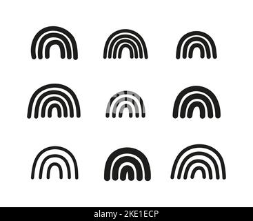 Set aus niedlichen schwarzen primitiven skandinavischen Regenbögen für Kinderplakate, Kinderkunst, Boho-Karten, Babydusche, Textil isoliert auf weißem Hintergrund. Stock Vektor