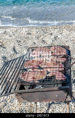 Gegrillte Schwertfisch-Scheiben in einem Barbecue-Grill, selektiver Fokus auf Vordergrund mit schmaler Feldtiefe mit verschwommenen Strandkieseln und Meerwasser. Stockfoto