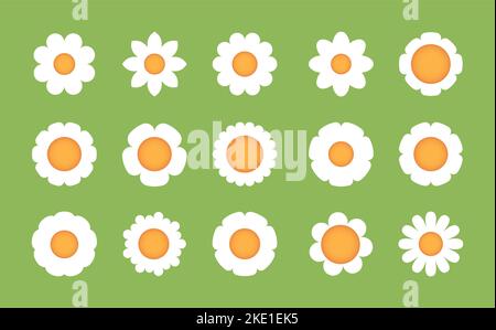 Kamillenblüte. Weiß blühende Gänseblümchen Symbole flach Cartoon-Stil, niedlich floral botanische Dekoration Frühling Pflanze wächst Konzept. Vektor-isolierter Satz von Stock Vektor