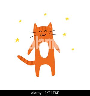 Niedliche Kritzelkatze in Orange oder Ingwer, die lächelt, mit Sternen auf weißem Hintergrund. Stock Vektor