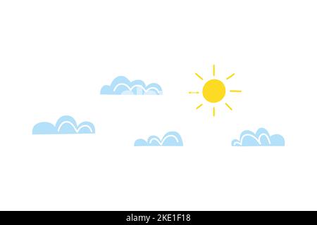 Niedliche Doodle bunte Sonne und Wolken isoliert auf weißem Hintergrund. Stock Vektor