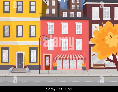 Vector Herbststraße mit Häusern. Flache Darstellung der Stadt im europäischen Stil. Cartoon Herbststadt. Stock Vektor