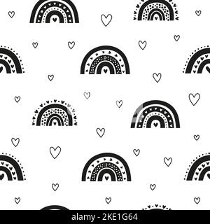Niedliches Schwarz-Weiß-Nahtloses Muster mit skandinavischen Regenbögen, Herzen für Kinderkleidung, Babydusche, Valentinstag, Scrapbooking. Stock Vektor