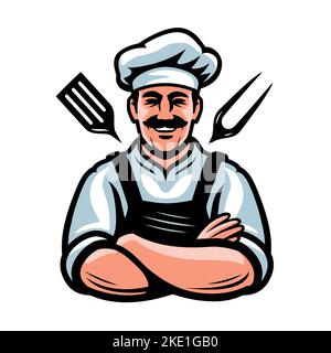 Glücklich attraktive Koch Karikatur. Abbildung des hübschen männlichen Küchenchefs. Restaurant, Kochen Lebensmittel Emblem Vektor-Illustration Stock Vektor