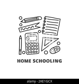 Gruppe von Doodle-Outline-Bildung, E-Learning-Symbole einschließlich Lineal, Rechner, Bleistift, Stift, Notizen und Schriftzüge isoliert auf weißem Hintergrund. Stock Vektor