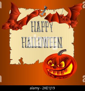 Happy Halloween Inschrift von Knochen Kürbisse und Fledermäuse orange Urlaub Hintergrund Vektor Illustration editierbar Hand zeichnen Stock Vektor