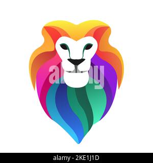 Ein leuchtendes Logo eines Löwen mit einer farbenfrohen Mähne und einem weißen Gesicht auf einem isolierten Hintergrund Stock Vektor
