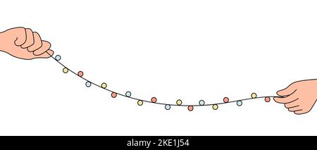 Zwei Hände halten eine festliche Girlande mit bunten Glühbirnen Stock Vektor