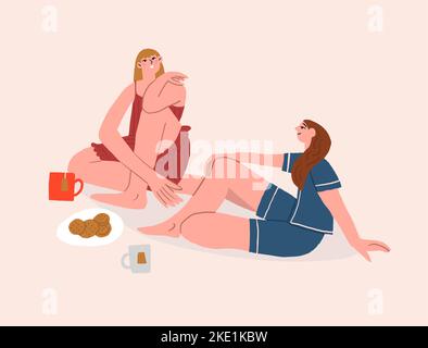 Zwei Mädchen reden und trinken Tee. Frauen Freundschaft und Kommunikation. Flache Vektorgrafik. Vektorgrafik Stock Vektor