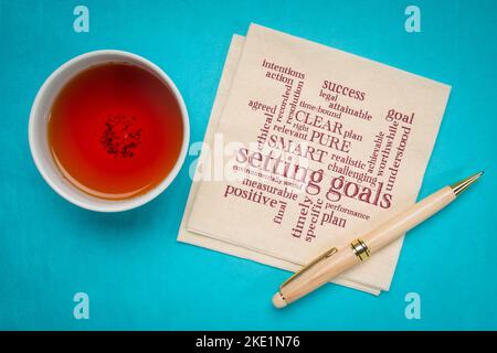Wolke von Wörtern oder Tags im Zusammenhang mit dem Setzen von Zielen und INTELLIGENTEN, REINEN und KLAREN Methoden auf einer Serviette mit einer Tasse Tee Stockfoto