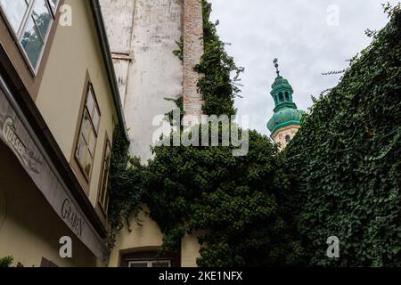 Bailey Promenade (Varfalsetany) mit mittelalterlicher Stadtmauer und Feuerwache-Turm, Sopron, Ungarn Stockfoto