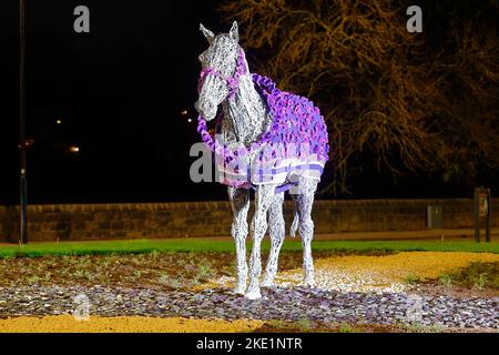 Die Pferdeskulptur in Horsforth in Leeds wurde von Murphy's Army Purple Poppy Campaign mit einem neuen Purple Poppy Coat ausgestattet Stockfoto