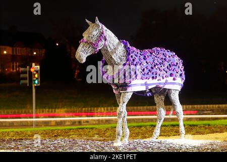 Die Pferdeskulptur in Horsforth in Leeds wurde von Murphy's Army Purple Poppy Campaign mit einem neuen Purple Poppy Coat ausgestattet Stockfoto