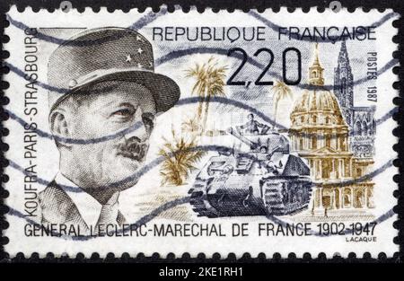 Timbre oblitéré Général Leclerc - Maréchal de France, 1902-1947, Koufra, Paris, Straßburg, République Francaise, Postes, 1987, 2,20 Stockfoto