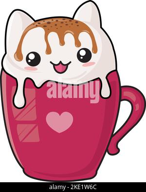 Eine süße Kawaii-Cartoon-Figur eines Kätzchens in einer Tasse mit Kaffee Stock Vektor