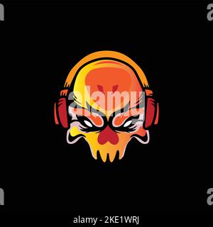 Ein orangefarbenes Monstermaskottchen mit Headset, Logo-Design auf schwarzem Hintergrund mit Kopierraum Stock Vektor