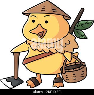 Eine süße Kawaii kleine Ente Clipart mit vietnamesischem Blattmütze, Korb und Axt Stock Vektor