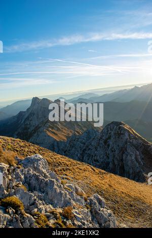Am frühen Morgen mit herrlichem Sonnenlicht mit goldenem Gras und herrlichem Bergrücken. Stockfoto