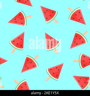 Wassermelonenstücke auf einem Stock auf blauem Hintergrund. Muster. Wassermelonenscheiben auf türkisfarbenem Hintergrund. Sommerhintergrund. Süßes, saftiges Essen. Stock Vektor