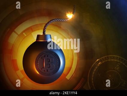 Was wird in den nächsten Tagen mit Bitcoin geschehen? BTC als abgefeuerte Bombe. 3D Darstellung rendern. Stockfoto