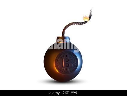 Was wird in den nächsten Tagen mit Bitcoin geschehen? BTC als abgefeuerte Bombe. 3D Darstellung auf weißem Hintergrund rendern. Stockfoto