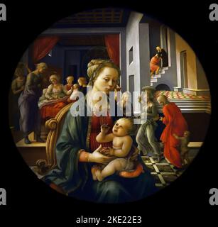 Jungfrau mit dem Kind und Szenen aus dem Leben der hl. Anna (Tondo Bartolini) 1452-1453 von Filippo Lippi 1406–1469 Piti Place, Florenz, Italien, Italienisch. Stockfoto