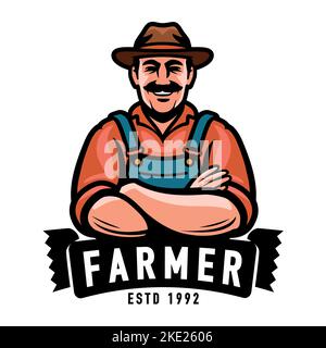 Farmer-Emblem. Glücklicher männlicher Bauernhofarbeiter im Hutsymbol oder Logo. Landwirtschaft, Landwirtschaft Konzept Vektor Illustration Stock Vektor