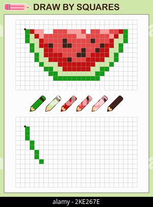 Wassermelone durch Quadrate zeichnen. Kopieren Sie das Bild. Spiel für Kinder. Stock Vektor