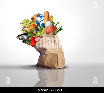 Lebensmittelbeutel voll von Lebensmitteln, die Verbraucherpreise und Lebensmittelkosten oder Supermarktpreis und Haushalt und Familie Budgetierung Konzept als Speicher Stockfoto