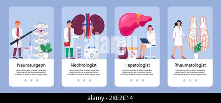 Vektor für Anwendungsvorlagen für Nephrologen. Konzepte zur Leberbehandlung für die medizinische Website. Rheumatologe Szene für mobile Anwendung. Stock Vektor