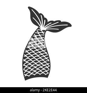 Fisch oder Meerjungfrau Schwanz Silhouette mit Flosse oben. Requisiten für Mädchenparty, Grußkarte oder T-Shirt-Print isoliert auf weißem Hintergrund. Vektorgrafik. Stock Vektor