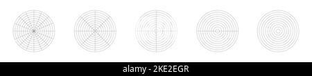 Kreisdiagramme, die auf Segmente aufgeteilt sind. Diagramm mit konzentrischen Kreisen, die auf gleichen Teilen schneiden. Vorlage für Rad des Lebens oder Gewohnheiten Tracker auf weißem Hintergrund isoliert. Vektordarstellung Stock Vektor