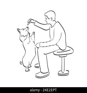 Mann hält Tierfutter in der Hand, während Hund steht auf Hinterbeinen Illustration Vektor Hand gezeichnet isoliert auf weißem Hintergrund Linie Kunst Stock Vektor