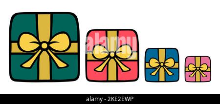 Anwesend. Überraschungsbox. Satz von Vektorgrafiken. Isolierter weißer Hintergrund. Cartoon-Stil. Sammlung von bunten Geschenk. Festliche Stimmung. Stock Vektor