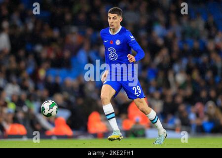 Kai Havertz #29 von Chelsea läuft mit dem Ball während des Carabao Cup Third Round Matches Manchester City gegen Chelsea im Etihad Stadium, Manchester, Großbritannien, 9.. November 2022 (Foto by Conor Molloy/News Images) Stockfoto