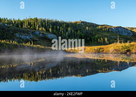 Teiche und borealer Wald spiegeln sich in der Morgendämmerung, Highway 470 in der Nähe von Burnt Islands, Neufundland und Labrador NL, Kanada Stockfoto