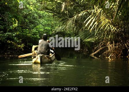 Nationalpark-Ranger, die mit dem Boot auf dem Cigenter River durch den Tieflandregenwald der Insel Handeuleum im Gebiet des Ujung Kulon Nationalparks in Pandeglang, Banten, Indonesien reisen. Stockfoto