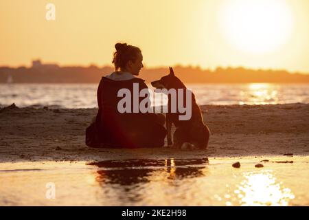 Frau und australischer Rinderhund Stockfoto