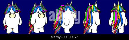 chibi Einhorn Cartoon perspektivische Ansicht Set Pack im Vektorformat Stock Vektor