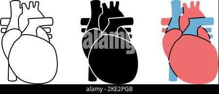 Satz von Symbolen des menschlichen Herzens. Symbole des menschlichen Herzens in Farbe, Schwarz und dünnen Linien. Vektorgrafik. Symbole für menschliche Organe Stock Vektor