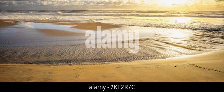 Sonnenaufgangspanorama über einen Sandstrand an der beliebten Sunshine Coast Touristendestination in Queensland. Der Schein ist golden, die Brandung ist rau und die Tide Stockfoto