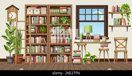 Innenausstattung des Leseraums mit Bücherregalen und vielen Büchern und Zimmerpflanzen. Gemütliches Interieur der alten Bibliothek. Cartoon-Vektordarstellung Stock Vektor