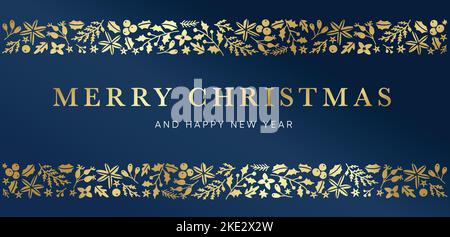 Frohe Weihnachten und Happy New Yera Grußkarte. Goldener handgezeichneter Blumenrahmen, Bordüre. Tannenzweige, Stechbeeren und Blumen. Winterblau Stock Vektor